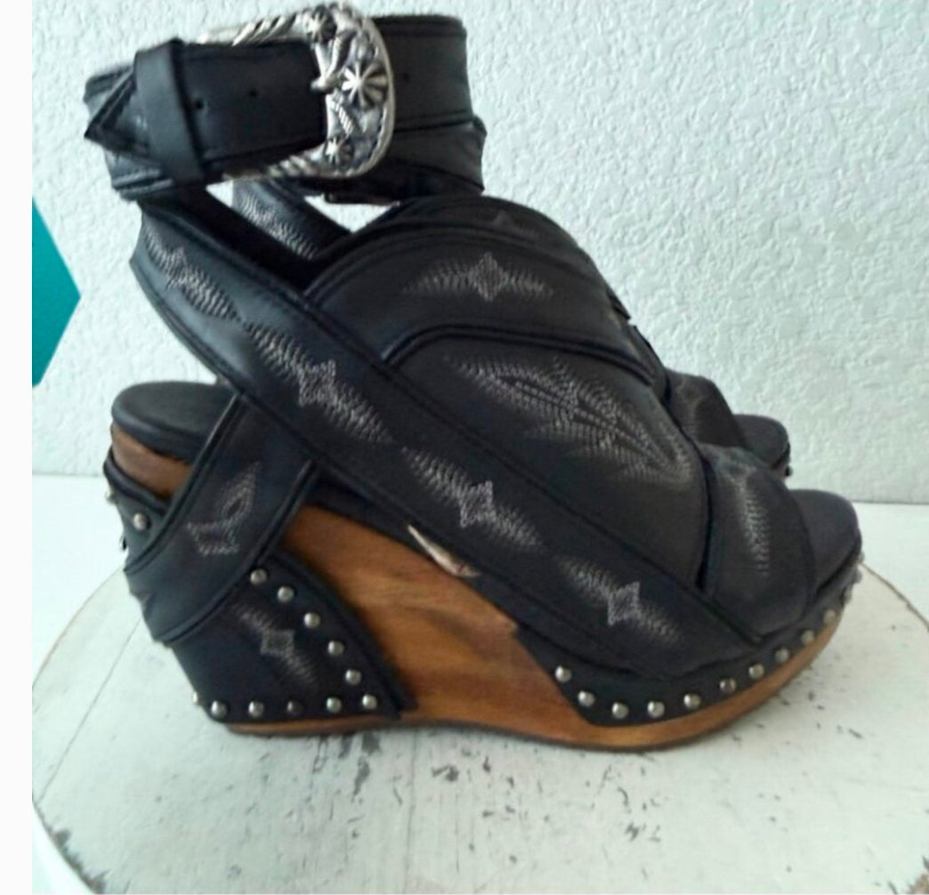 Lane Lexington Jet Black Leather Western Wedges Sandals Wood Heel Womens 7.5